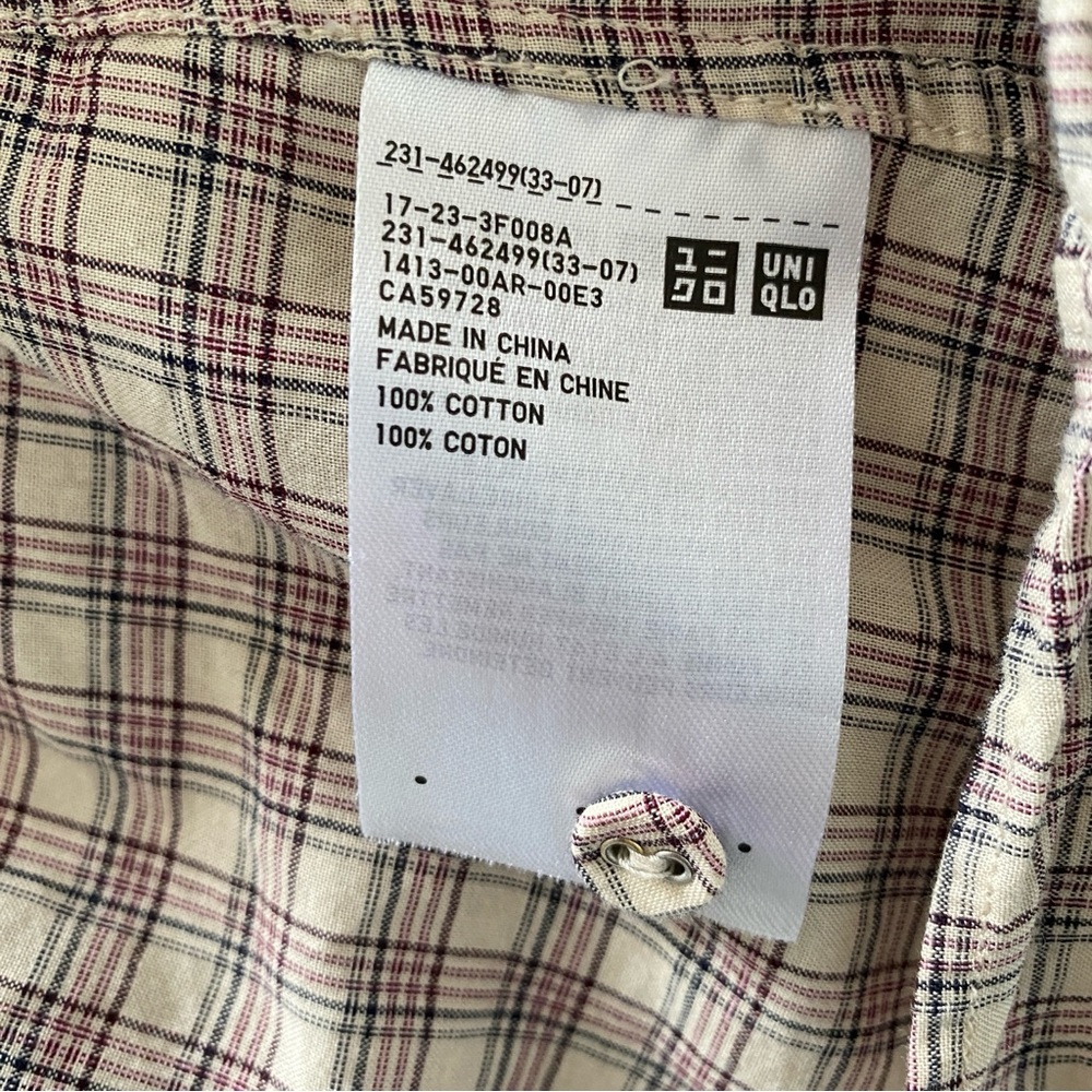 Uniqlo 100% Cotton Classic Beige Plaid Button-Up Shirt with Mauve & Navy Stripes - Picture 9 of 12